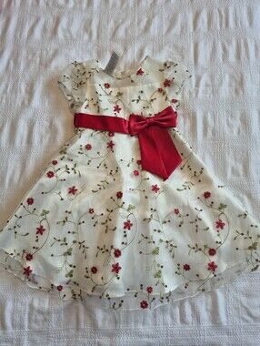 Bonnie Jean girls 3T dress white overlay with red floral embroidery sequins EUC